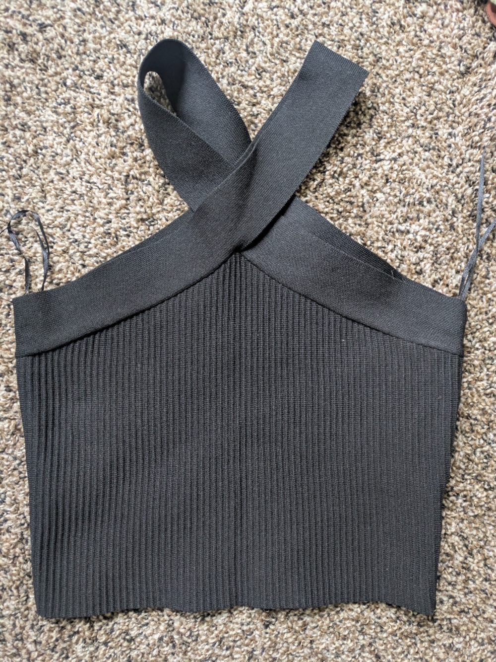 Bobbles & Lace Black Ribbed Cross-Strap Crop Top